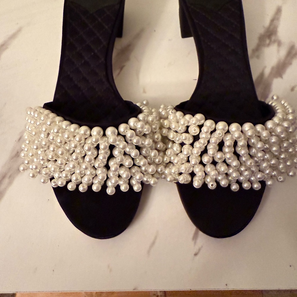 Tory Burch Black Sandal Heels with Pearl Fringe
